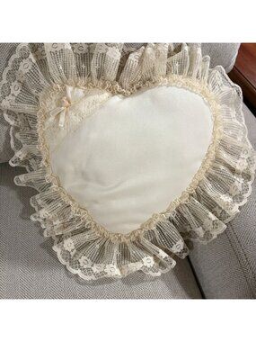 Vintage Handmade Cream Heart Throw Pillow Wide Lace Ruffle Trim Ribbon Bow